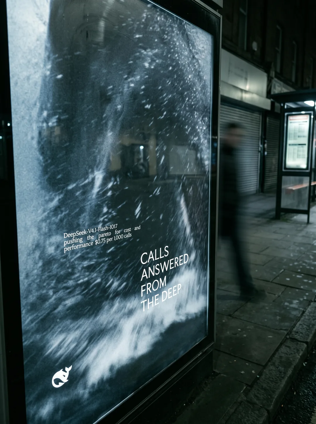 DeepSeek × Space Bunny billboard on a city street at night