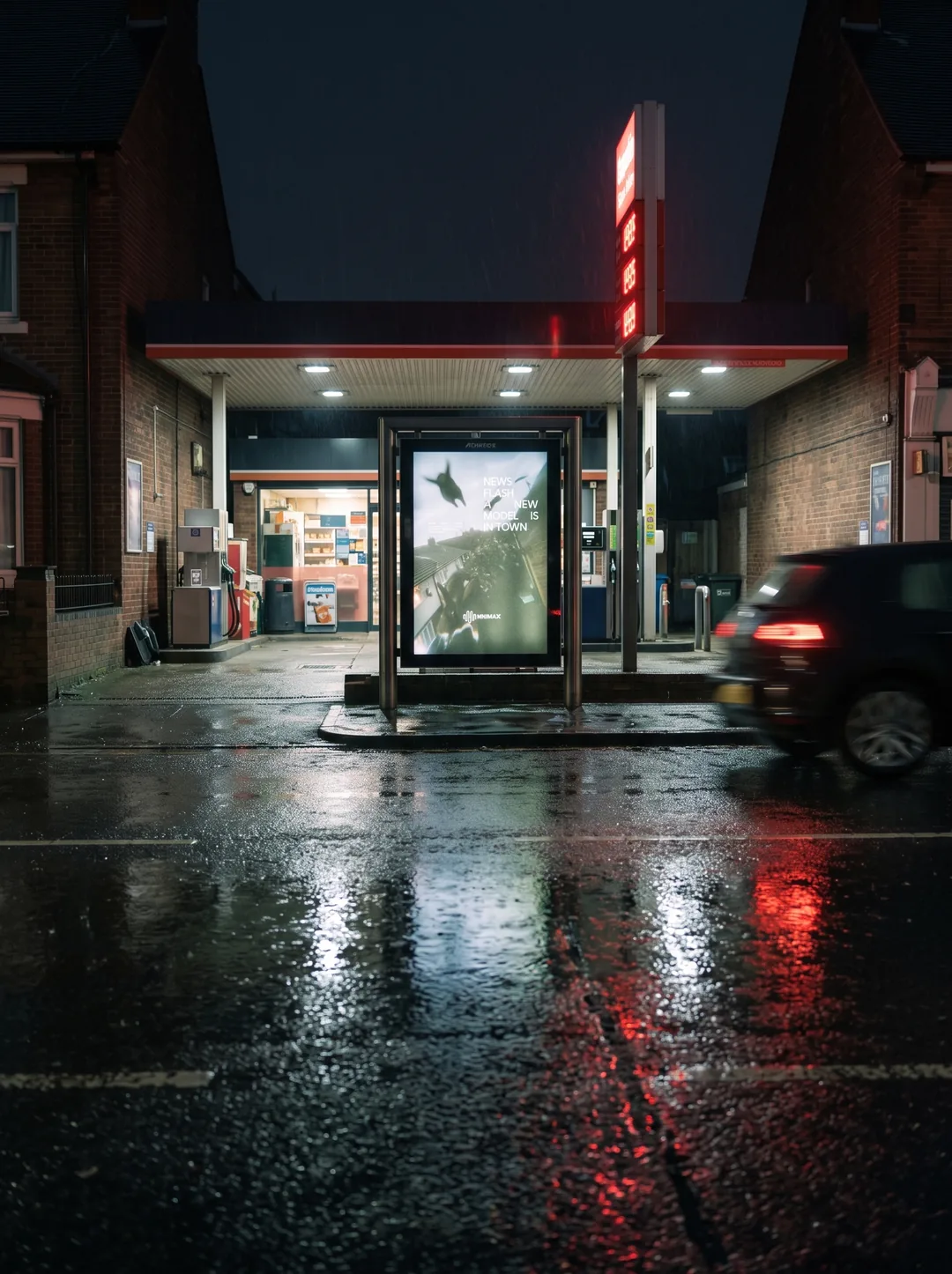 DeepSeek × Space Bunny poster above a petrol station forecourt