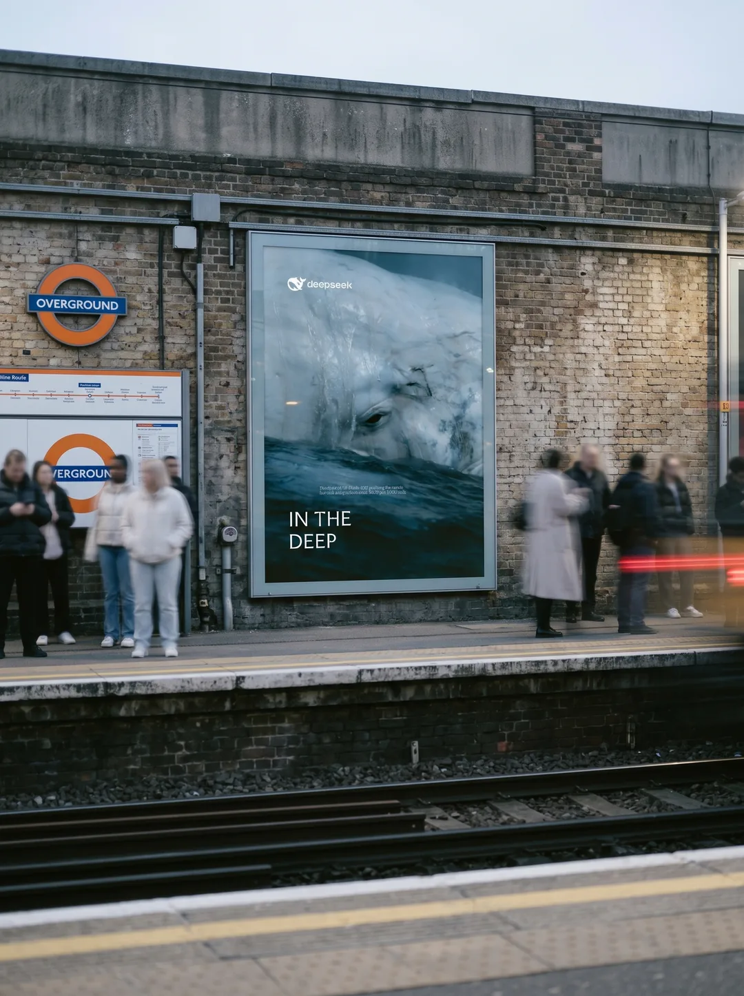 DeepSeek × Space Bunny poster on a London Underground platform