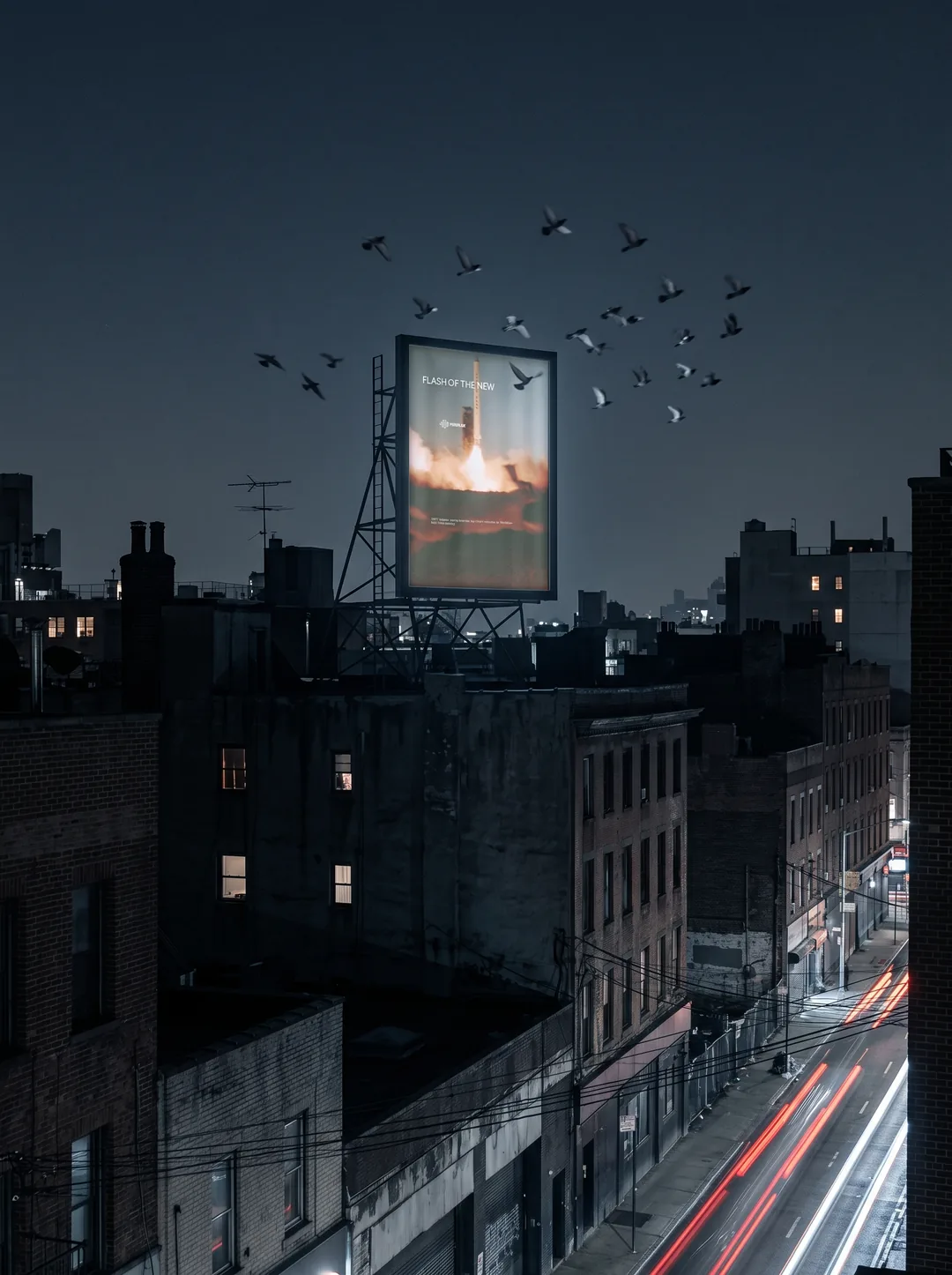 DeepSeek × Space Bunny billboard above a city skyline at dusk